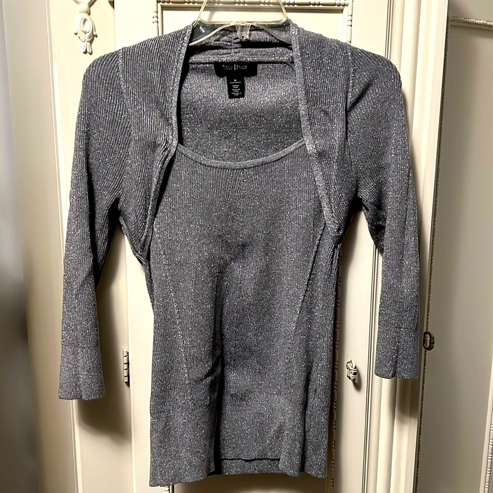 White House Black Market Gray with Silver Thread Form Fit Sweater Top